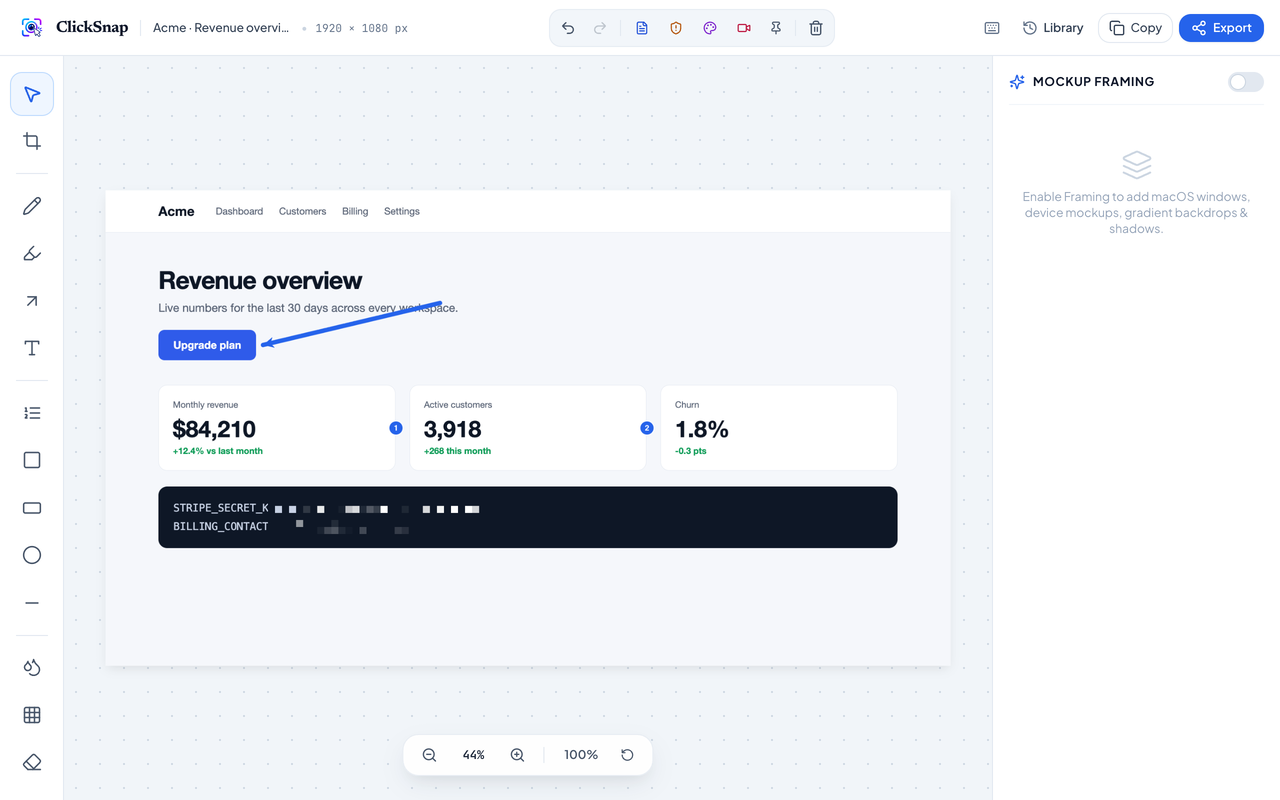 ClickSnap editor showing a full-page screenshot with arrows, step badges and blurred text
