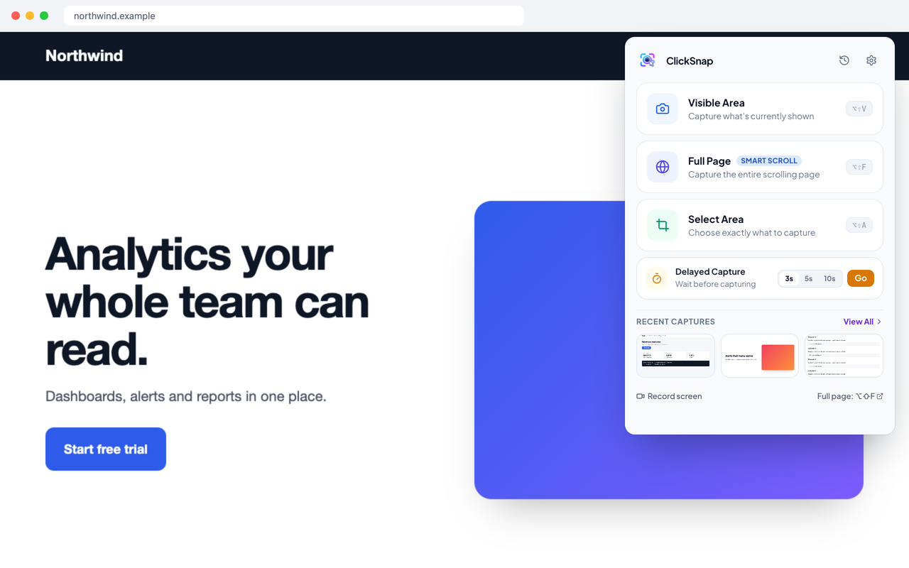 ClickSnap popup with visible area, full page and area selection capture options